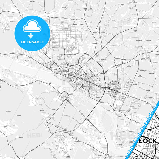 Płock, Poland light map with streetnames, citynames and districts