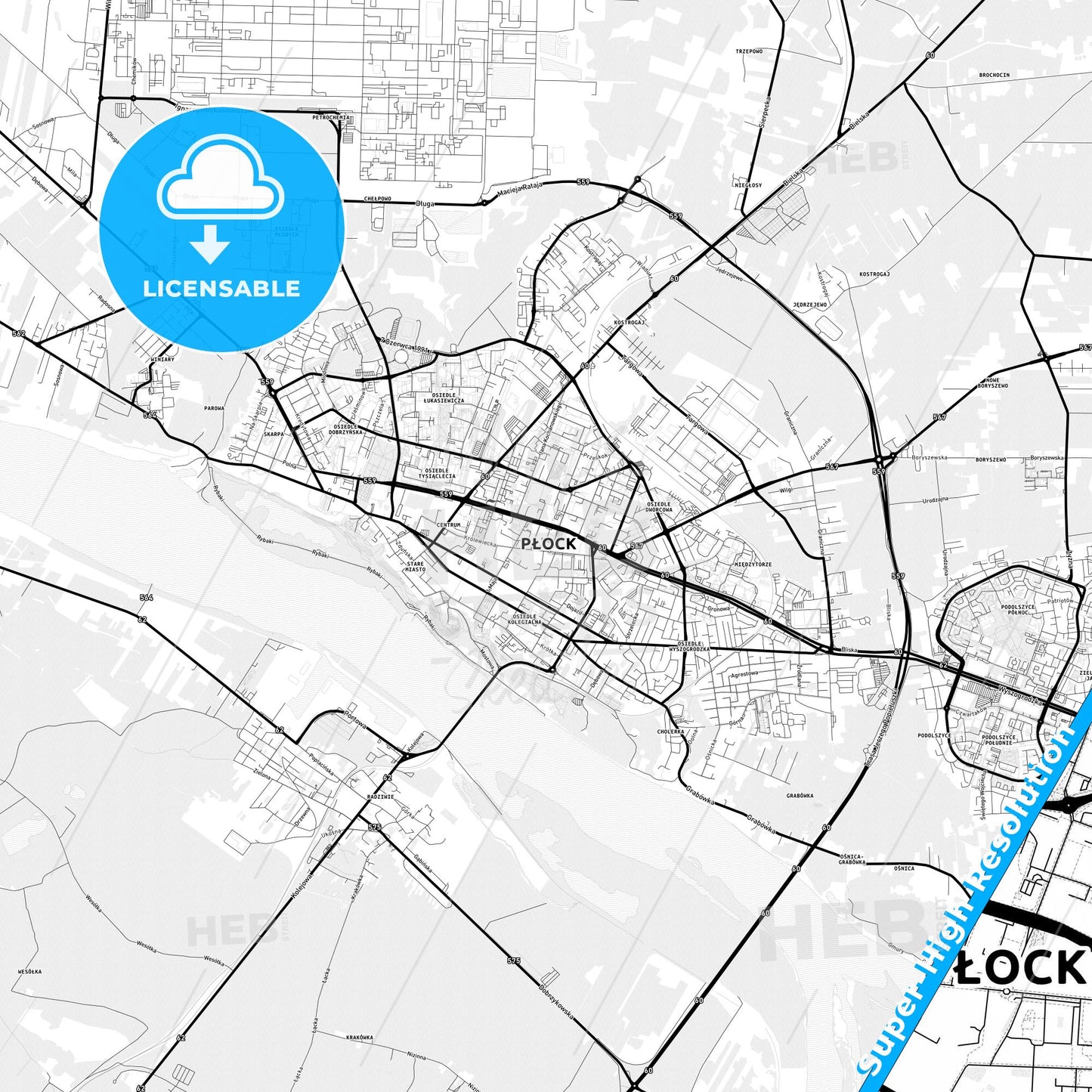 Płock, Poland Light Map with Street Names, City Names, and Districts