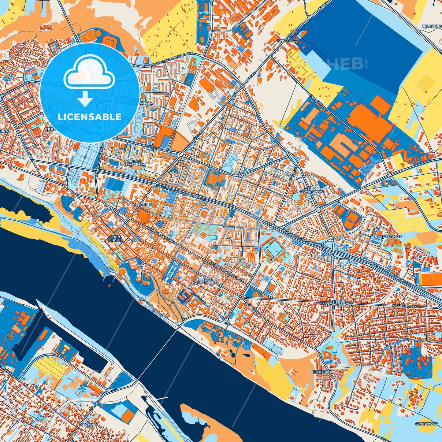 Colorful Płock Street Map with Labels and Buildings