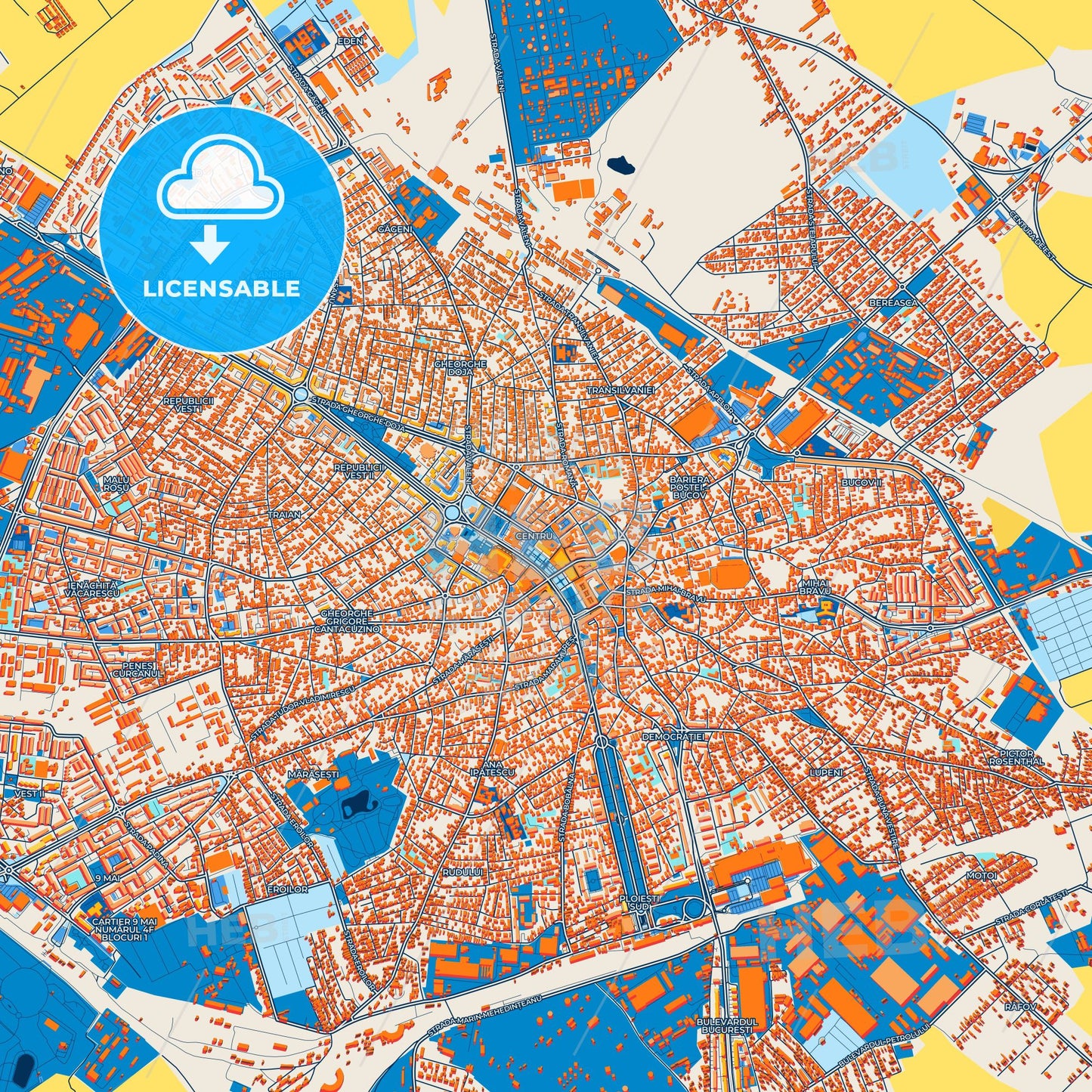Colorful Ploiești Street Map with Labels and Buildings