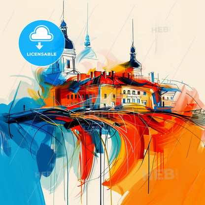 Vibrant Ploiești, Romania - A Painting Of A Building With Towers And A Colorful Background