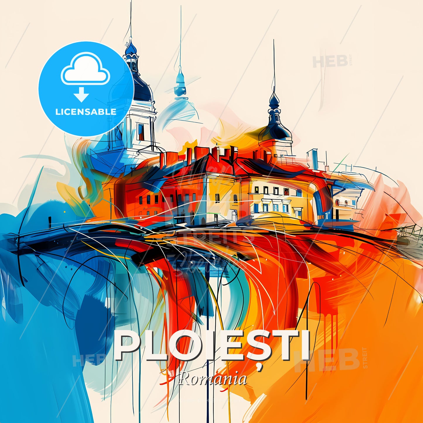 Vibrant Ploiești, Romania - A Painting Of A Building With Towers And A Colorful Background - Square format print template