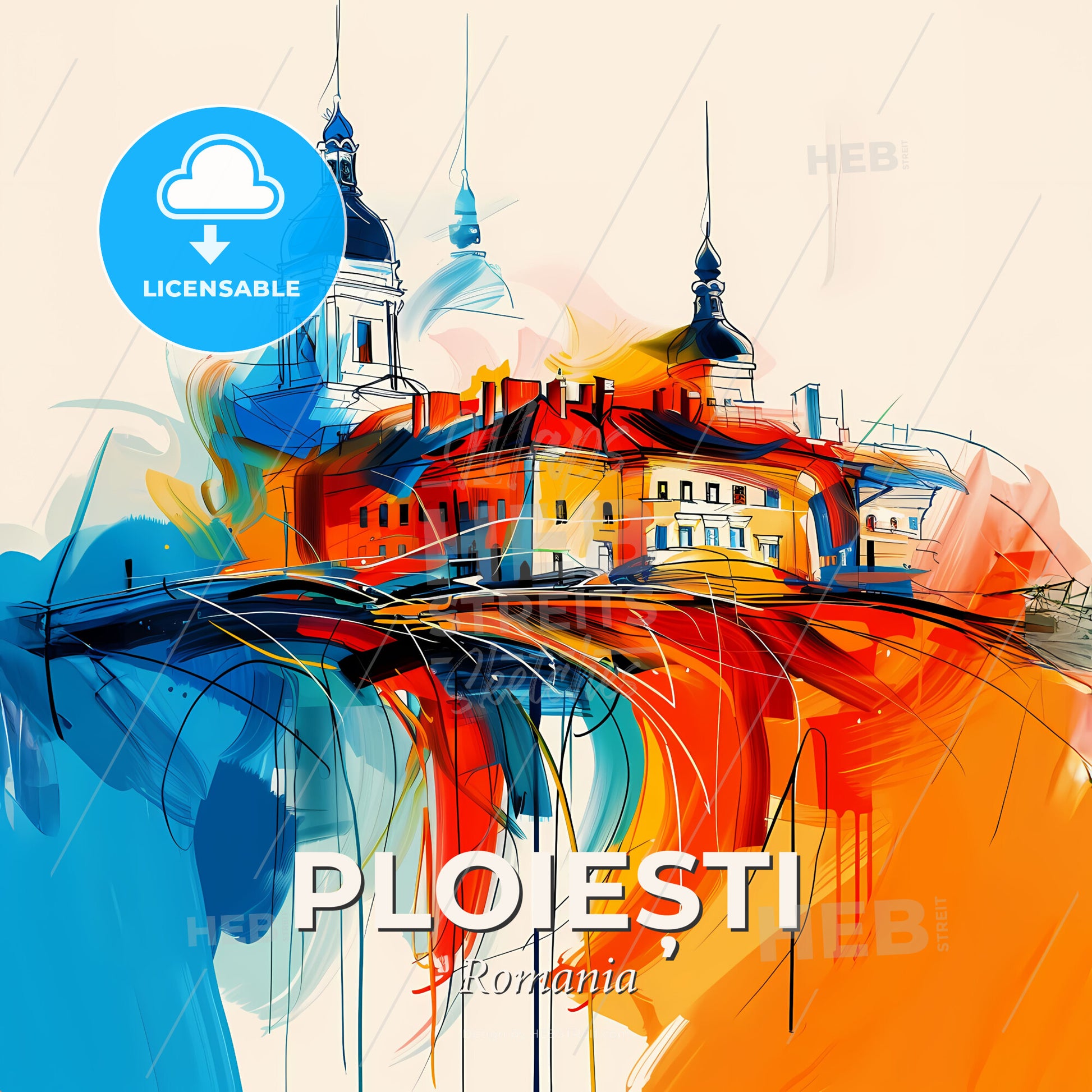 Vibrant Ploiești, Romania - A Painting Of A Building With Towers And A Colorful Background - Square format print template