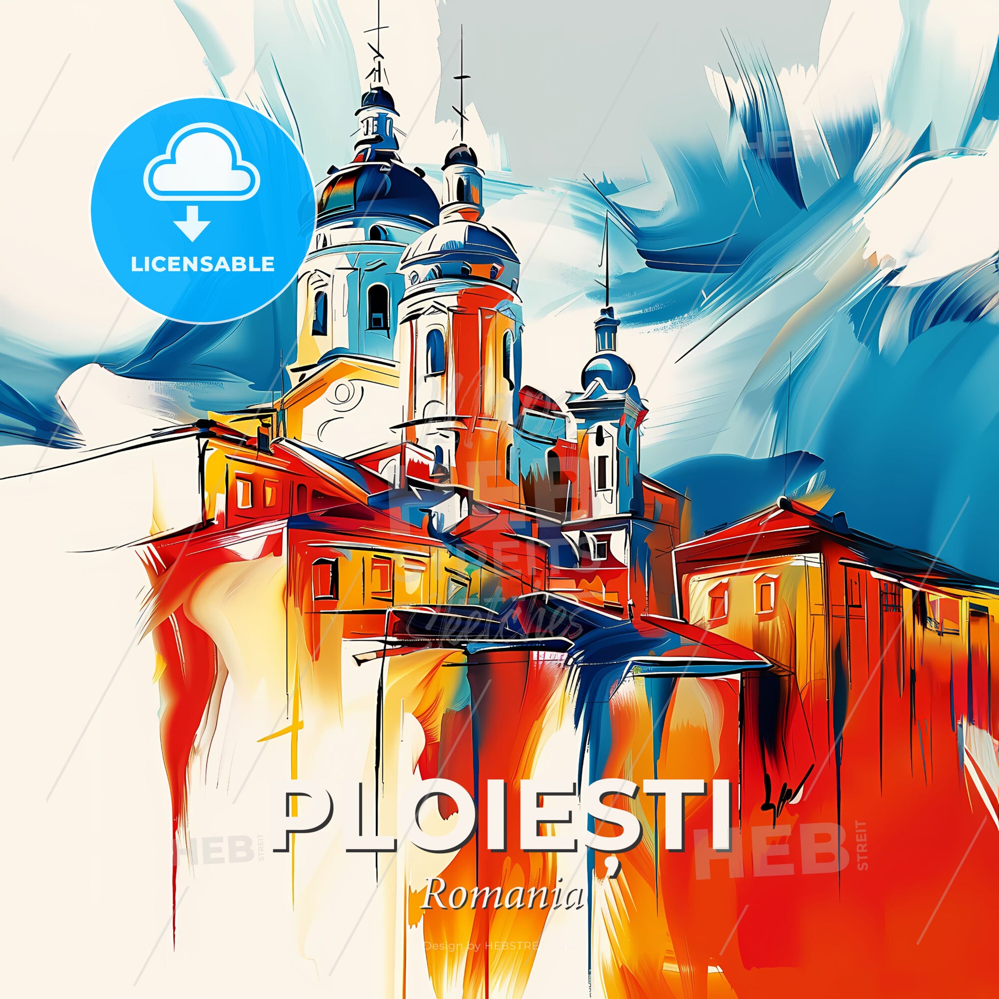 Vibrant Ploiești, Romania - A Painting Of A Building With Towers - Square format print template