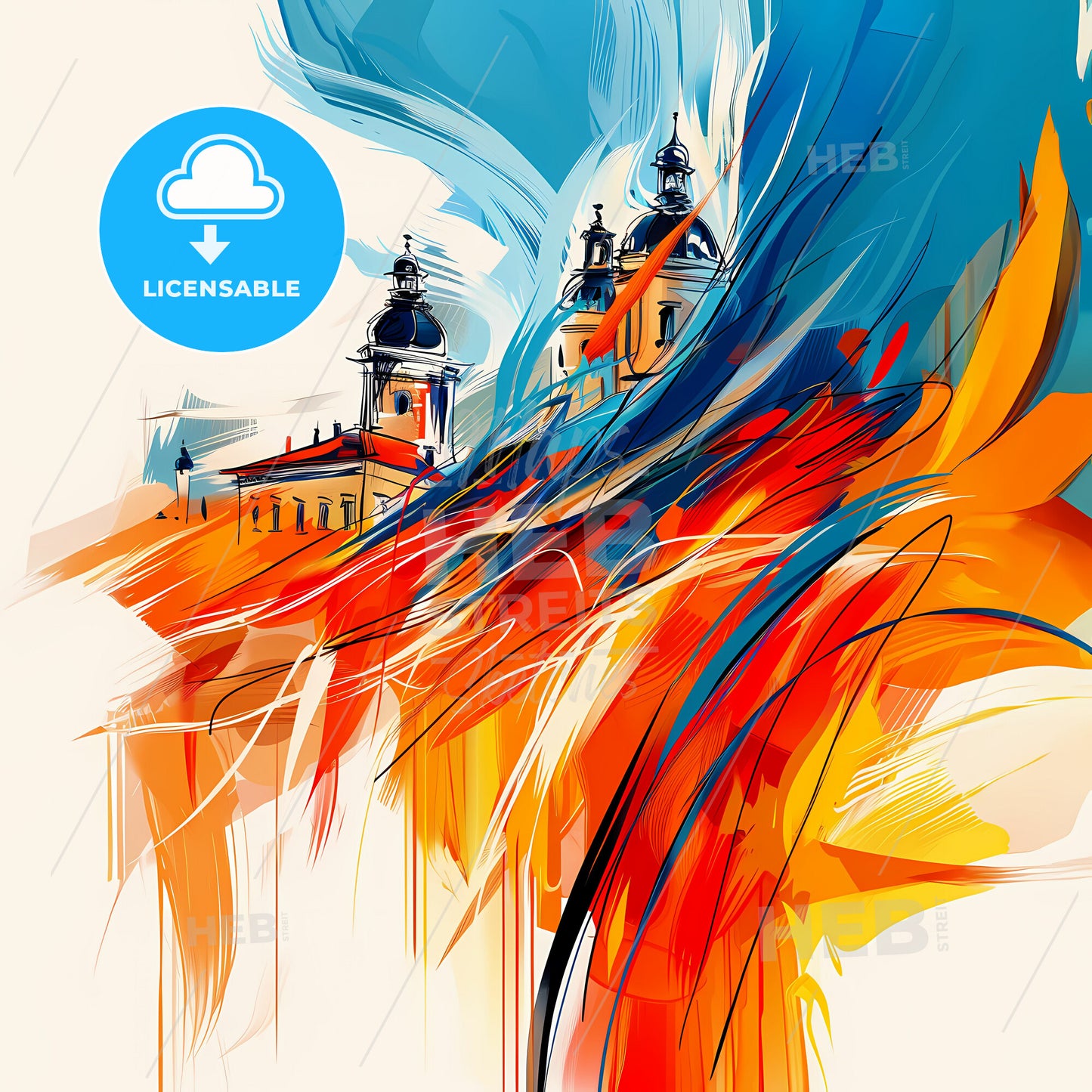 Vibrant Ploiești, Romania - A Painting Of A Building With A Blue And Orange Swirl