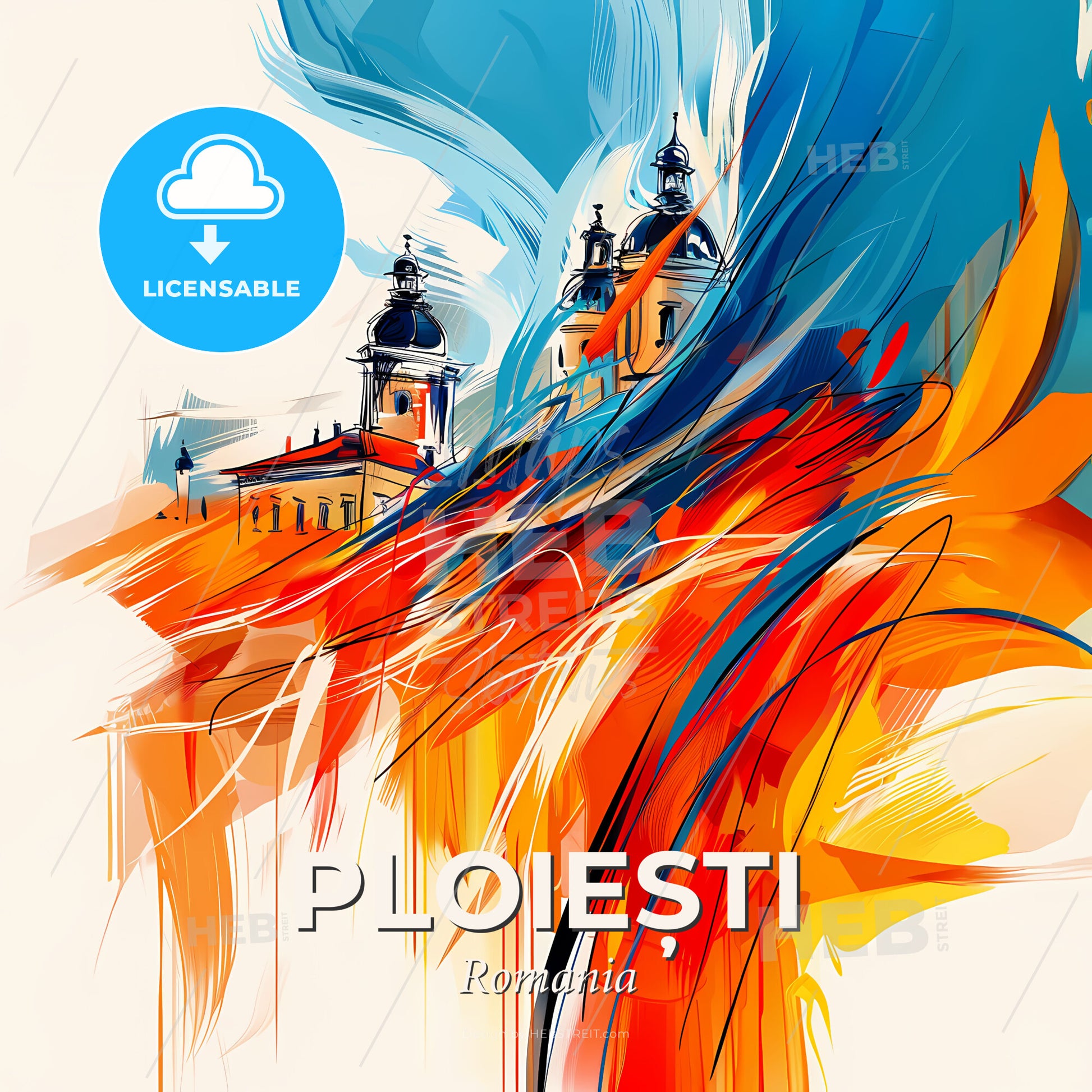 Vibrant Ploiești, Romania - A Painting Of A Building With A Blue And Orange Swirl - Square format print template