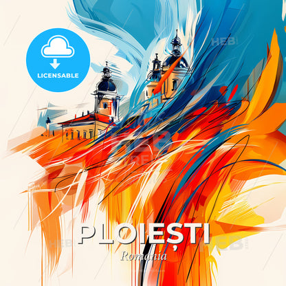 Vibrant Ploiești, Romania - A Painting Of A Building With A Blue And Orange Swirl - Square format print template