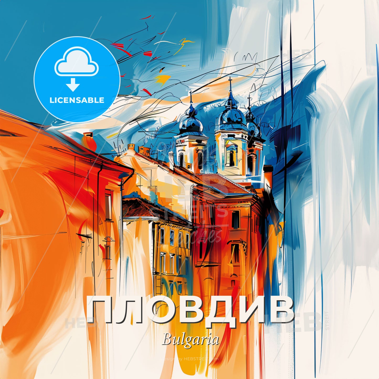 Vibrant Пловдив, Bulgaria - A Painting Of A Building With Towers - Square format print template