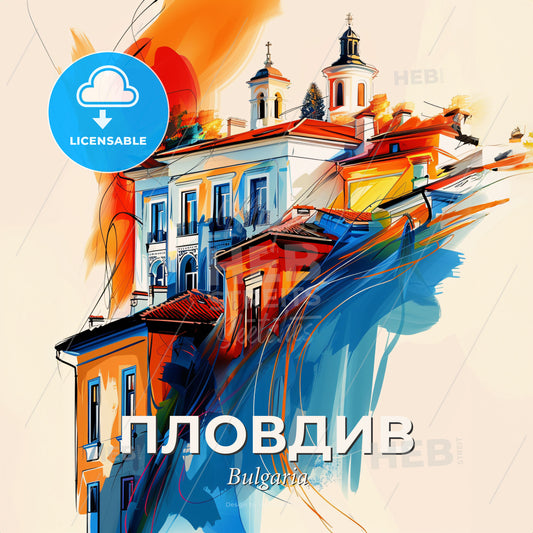 Vibrant Пловдив, Bulgaria - A Painting Of A Building - Square format print template