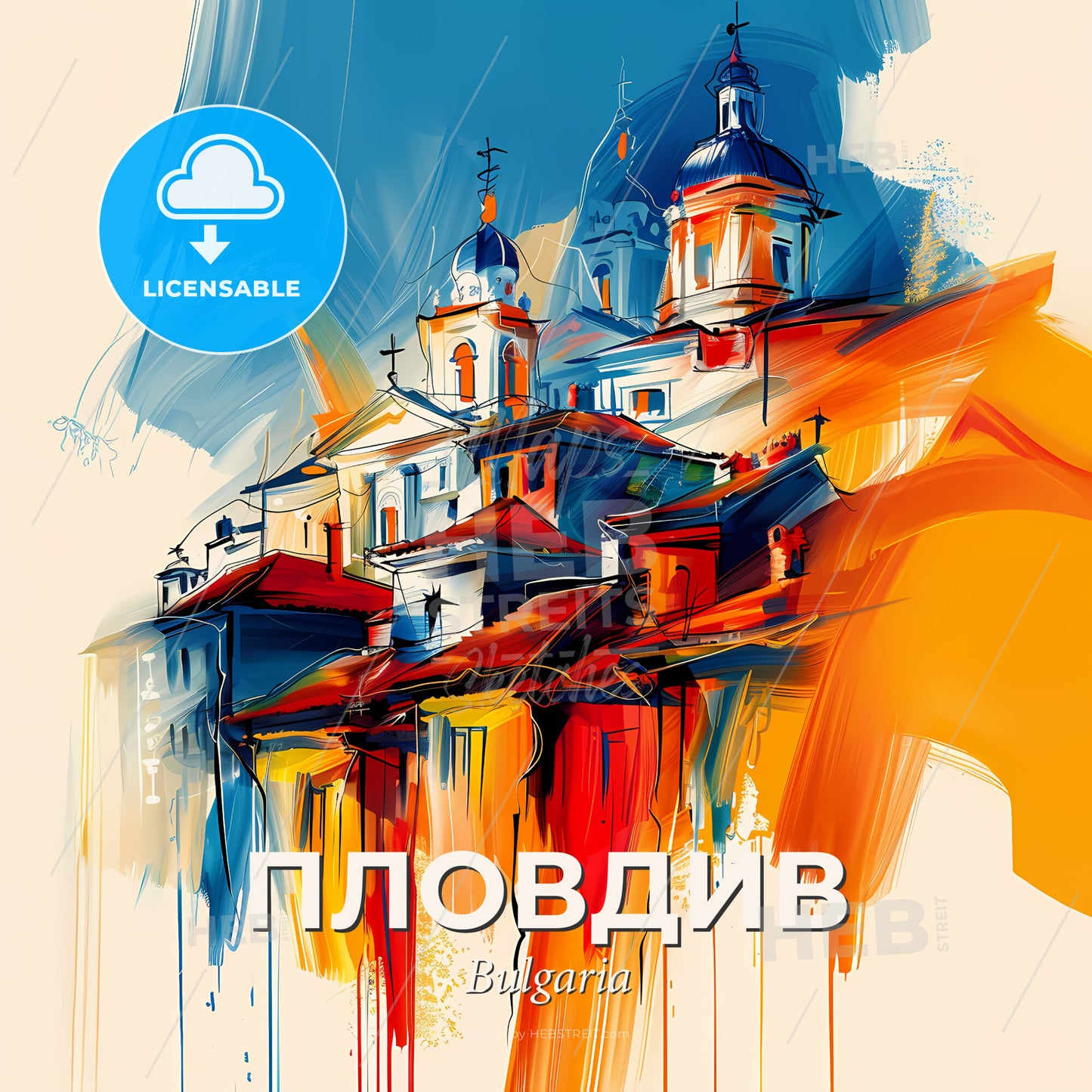 Vibrant Пловдив, Bulgaria - A Painting Of A Building - Square format print template