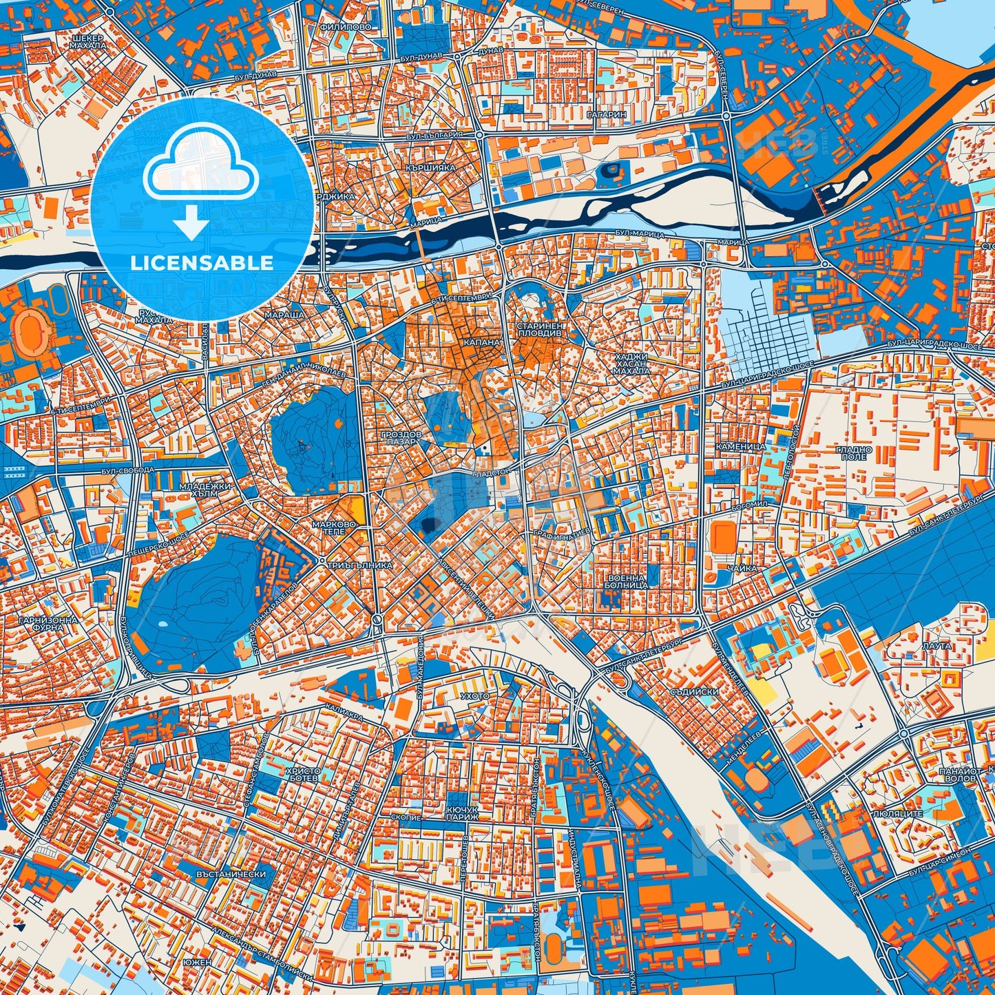 Colorful Plovdiv Street Map with Labels and Buildings