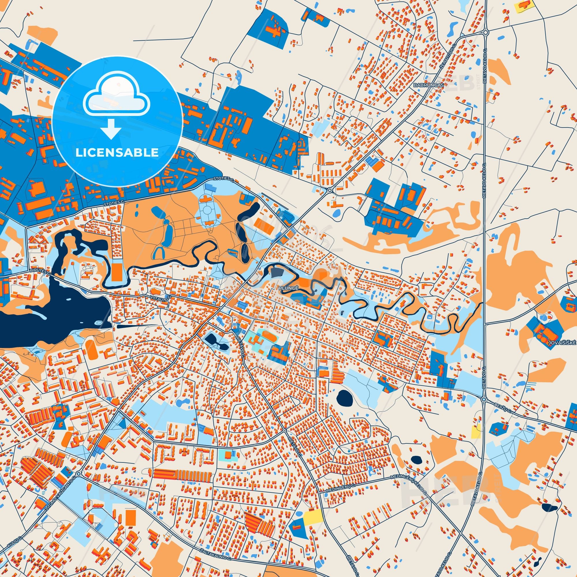 Colorful Plungė Street Map With Labels And Buildings – HEBSTREITS