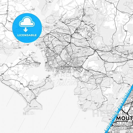 Plymouth, England light map with streetnames, citynames and districts