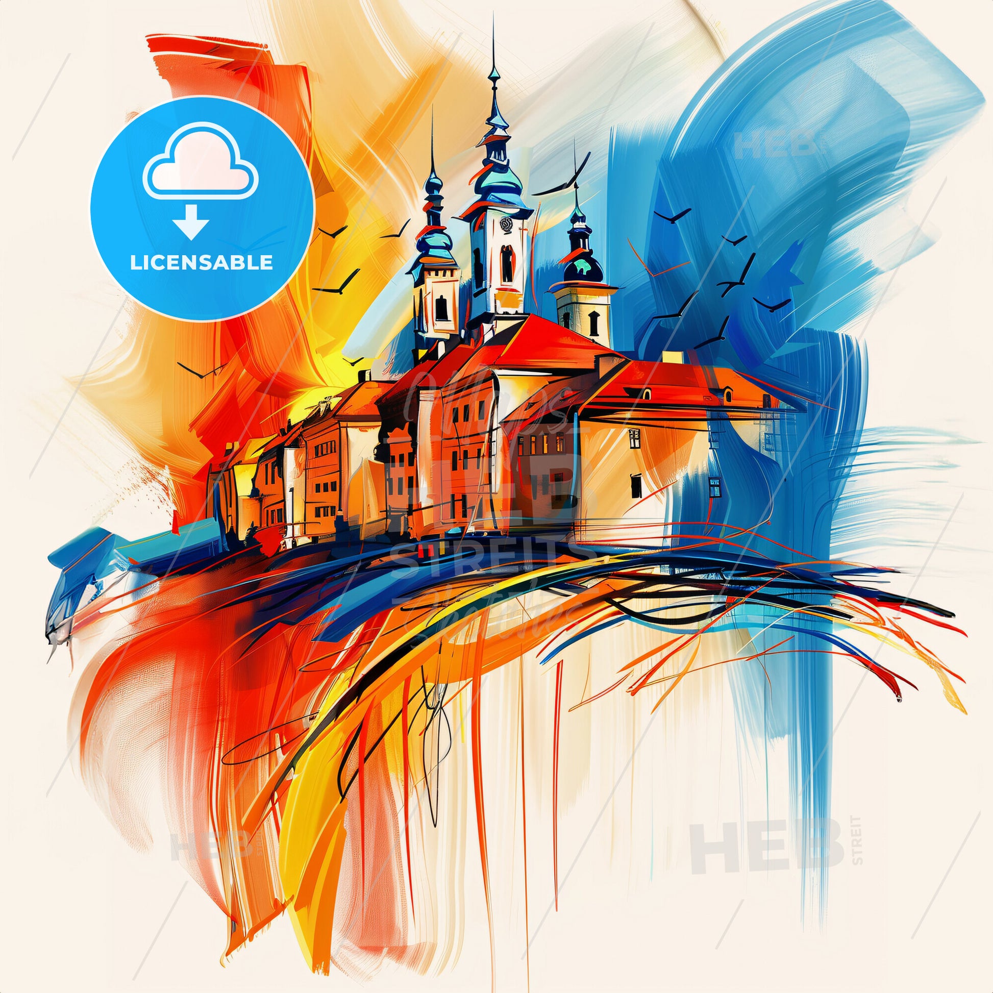 Vibrant Plzeň, Czechia - A Painting Of A Building With A Colorful Background