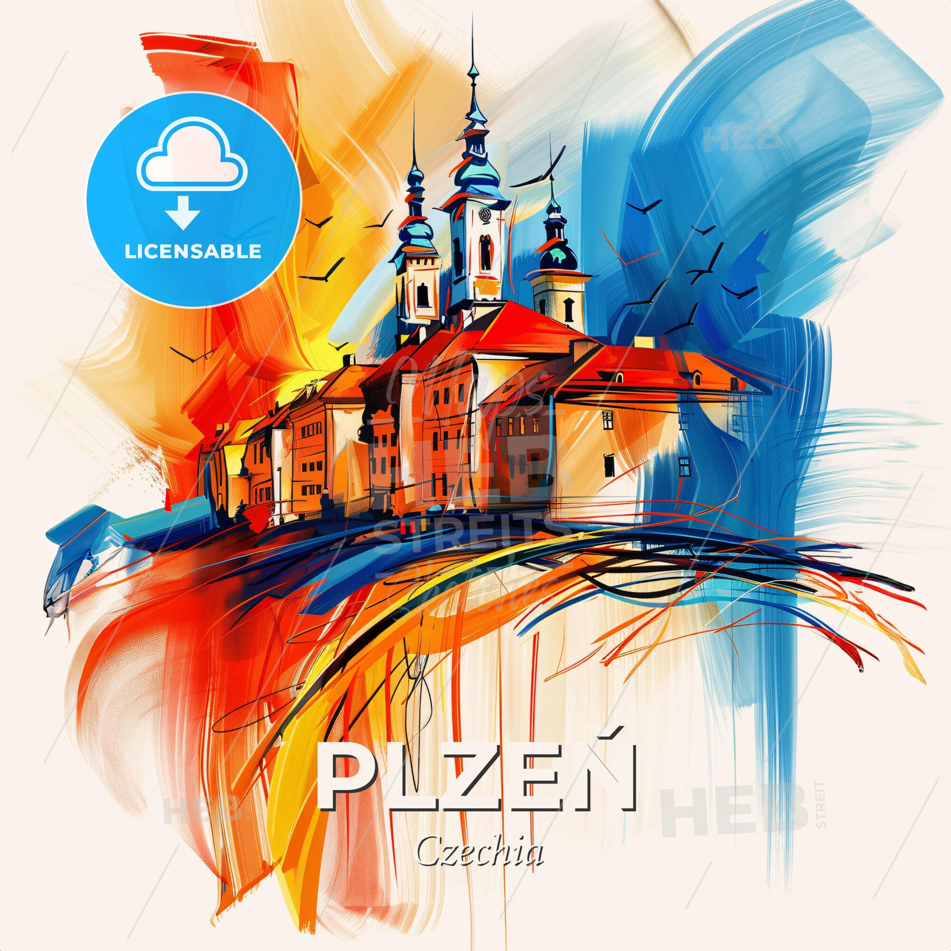 Vibrant Plzeň, Czechia - A Painting Of A Building With A Colorful Background - Square format print template