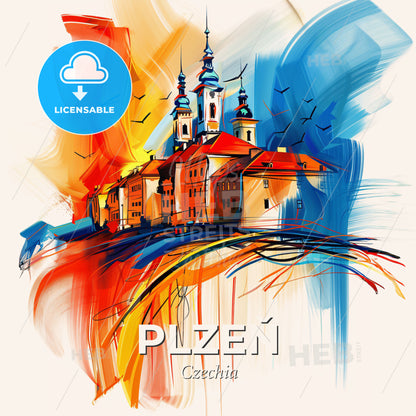 Vibrant Plzeň, Czechia - A Painting Of A Building With A Colorful Background - Square format print template