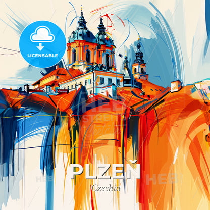 Vibrant Plzeň, Czechia - A Painting Of A Building With A Tower - Square format print template