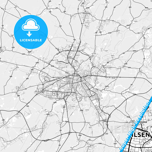 Plzeň, Czechia light map with streetnames, citynames and districts