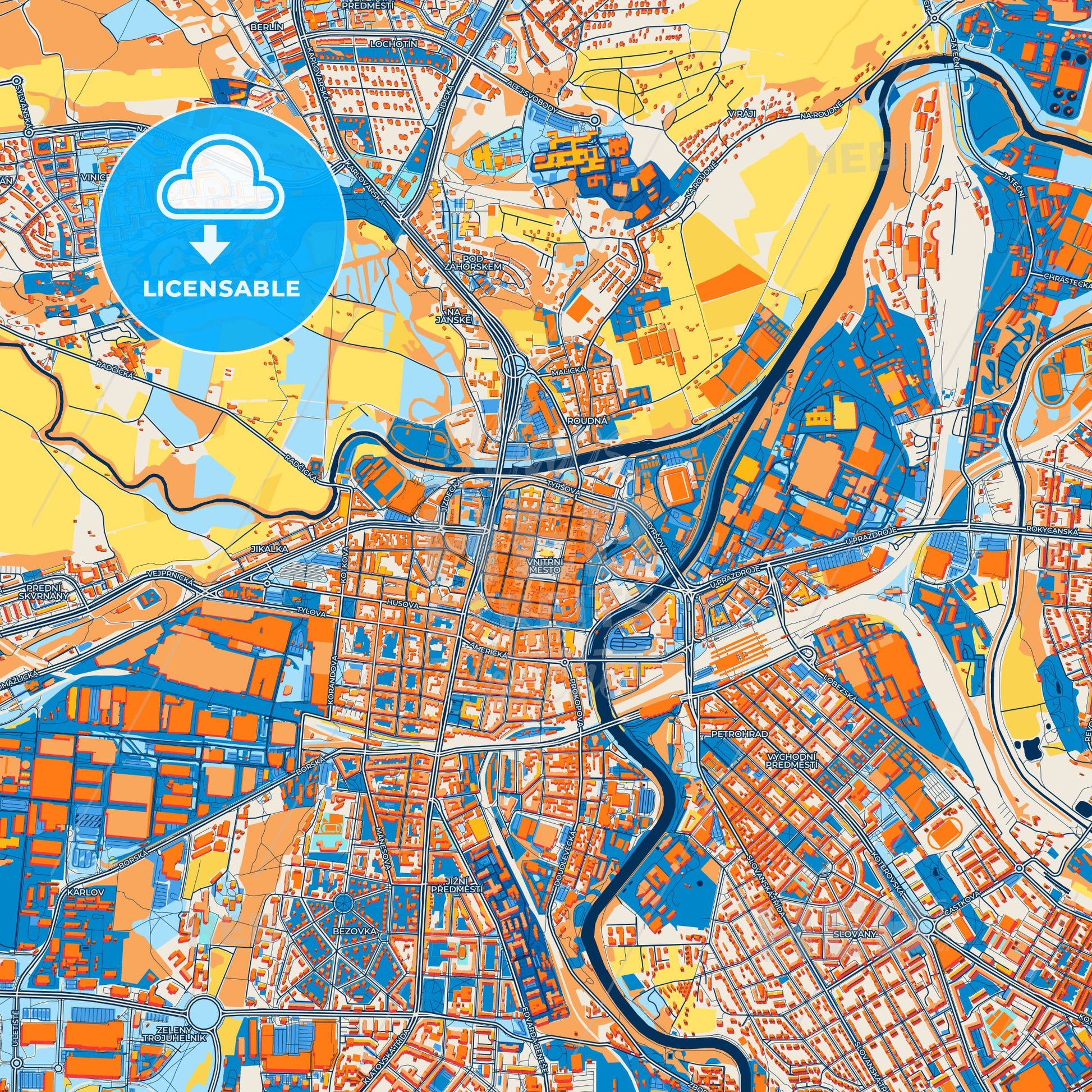 Colorful Plzeň Street Map with Labels and Buildings