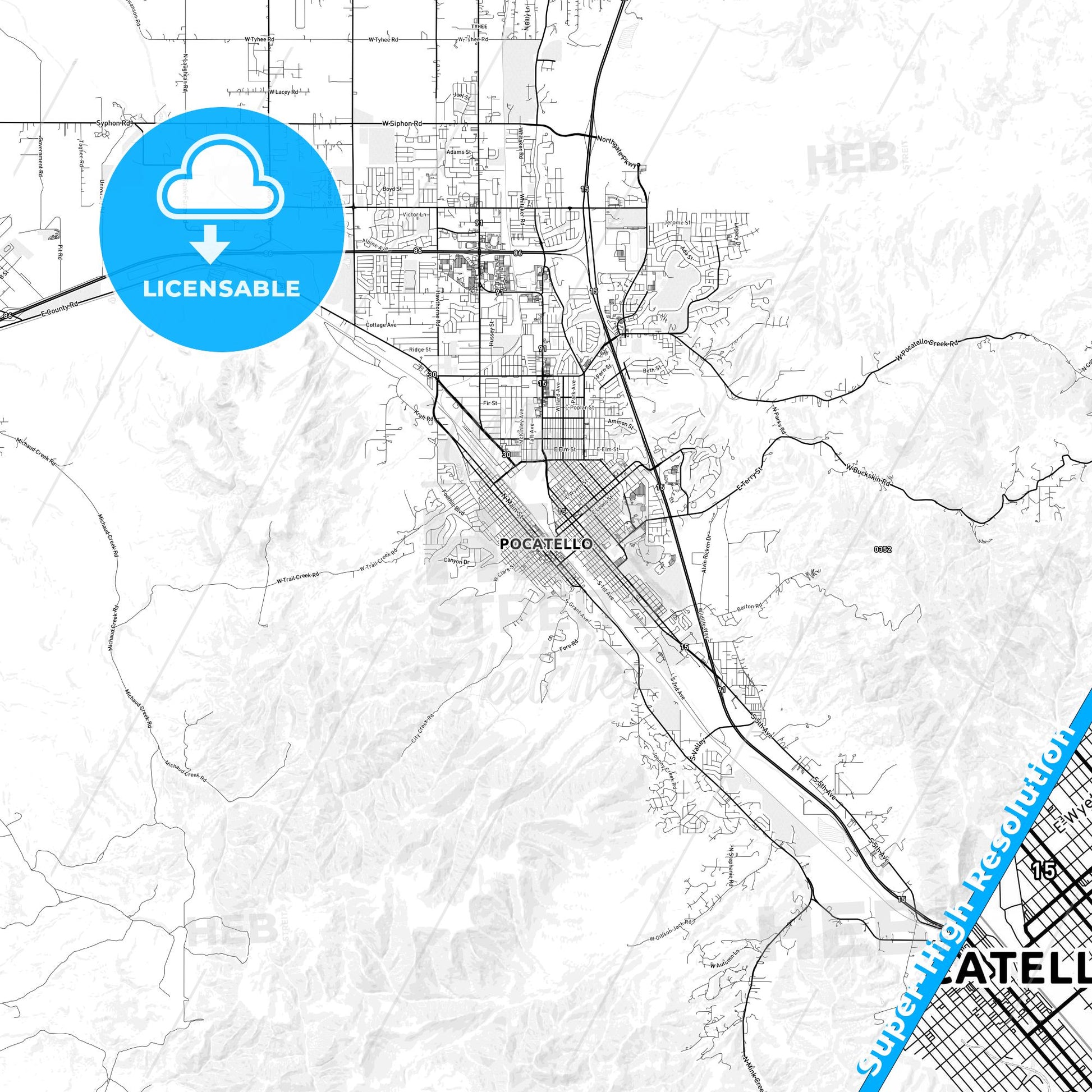 Pocatello, Idaho light map with streetnames, citynames and districts