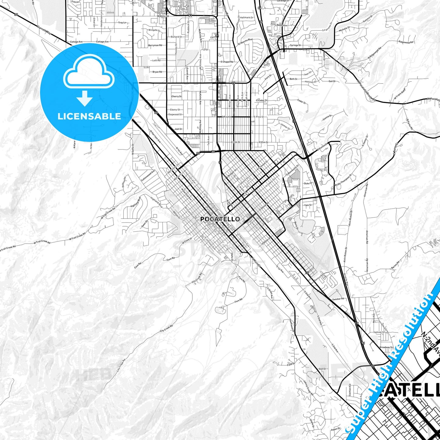 Pocatello, Idaho Light Map with Street Names, City Names, and Districts
