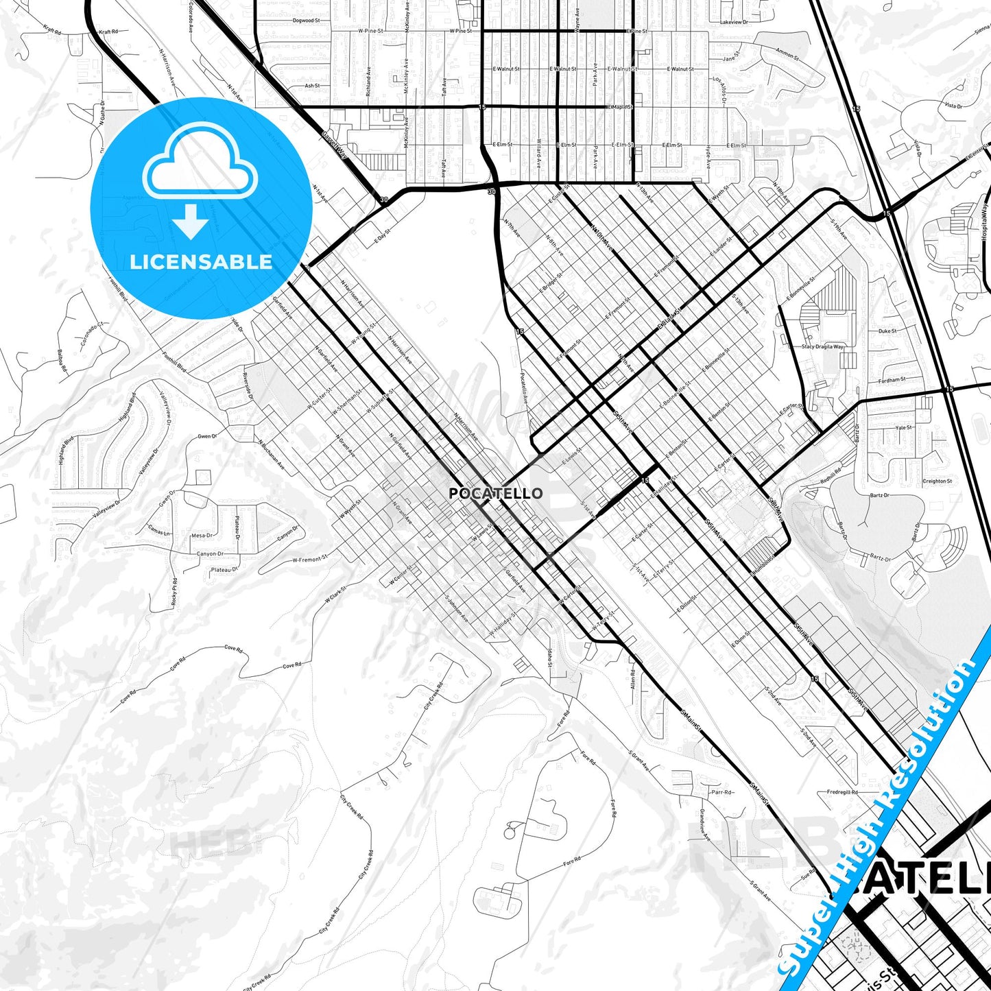 Pocatello, Idaho Light Map with Street Names, City Names, and Districts