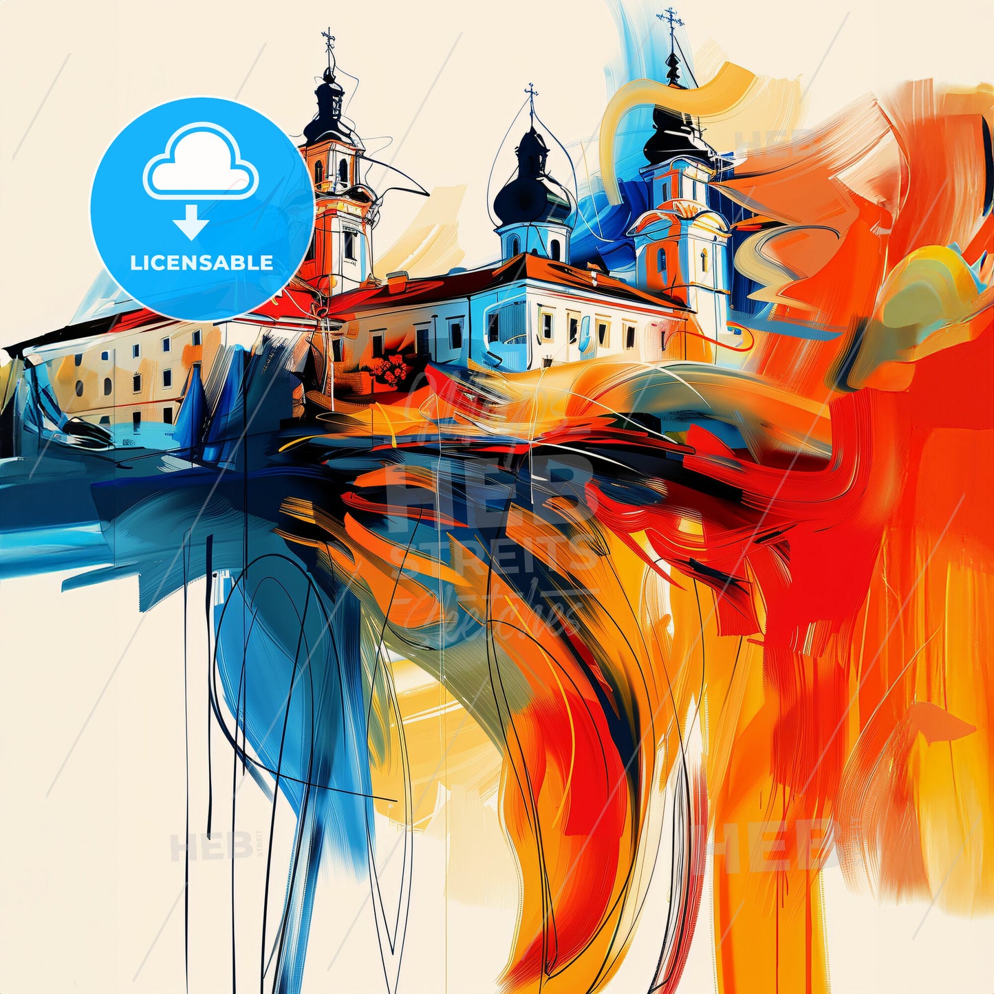 Vibrant Płock, Poland - A Painting Of A Building With Towers And A Colorful Background