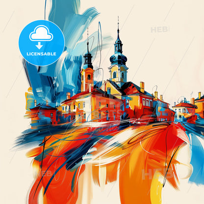 Vibrant Płock, Poland - A Painting Of A Building With Towers And A Blue And Orange Paint