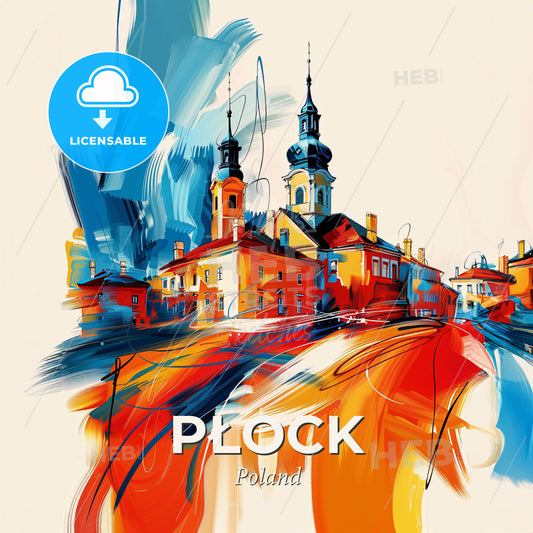 Vibrant Płock, Poland - A Painting Of A Building With Towers And A Blue And Orange Paint - Square format print template
