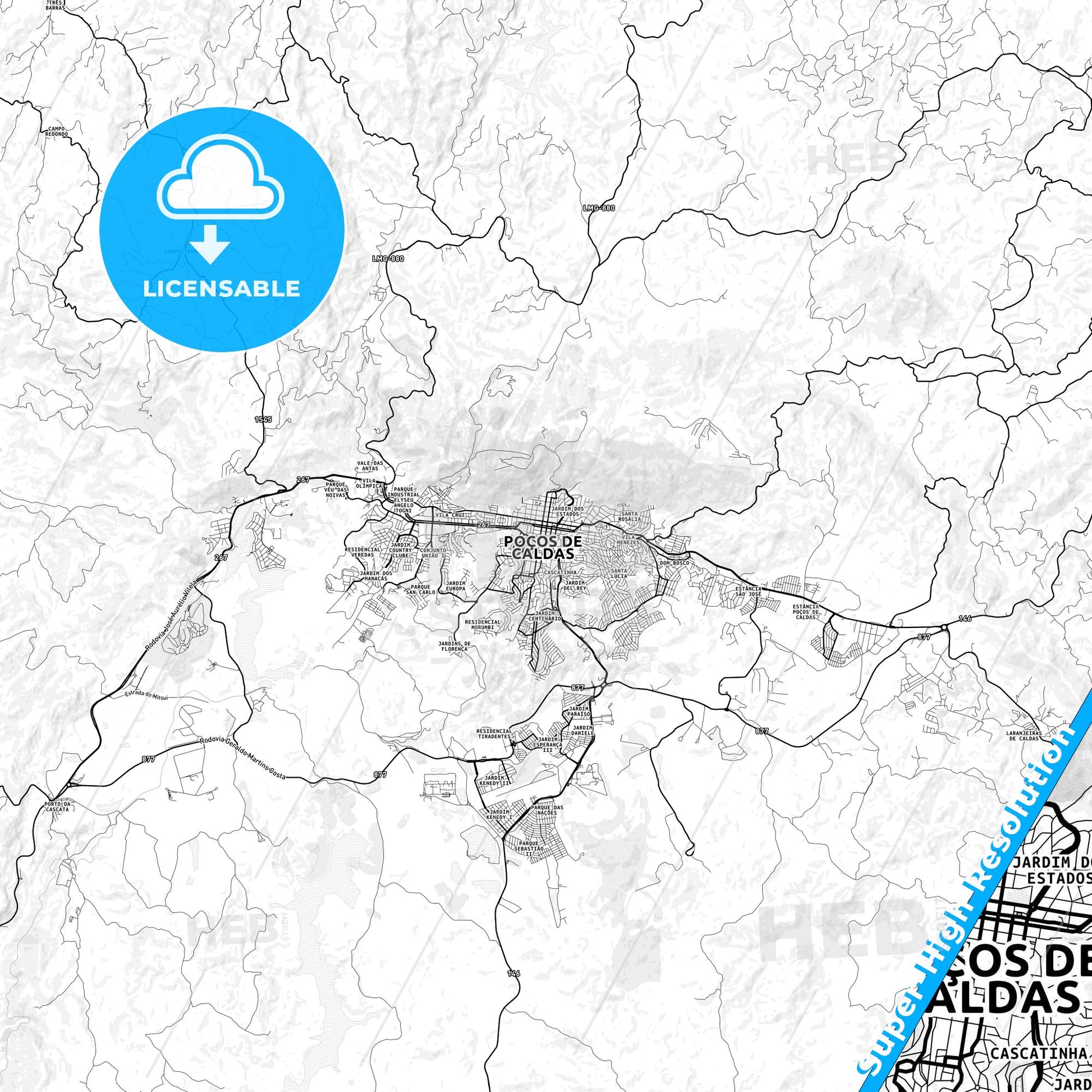 Pocos de Caldas, Brazil light map with streetnames, citynames and districts
