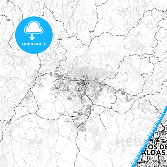 Pocos de Caldas, Brazil light map with streetnames, citynames and districts