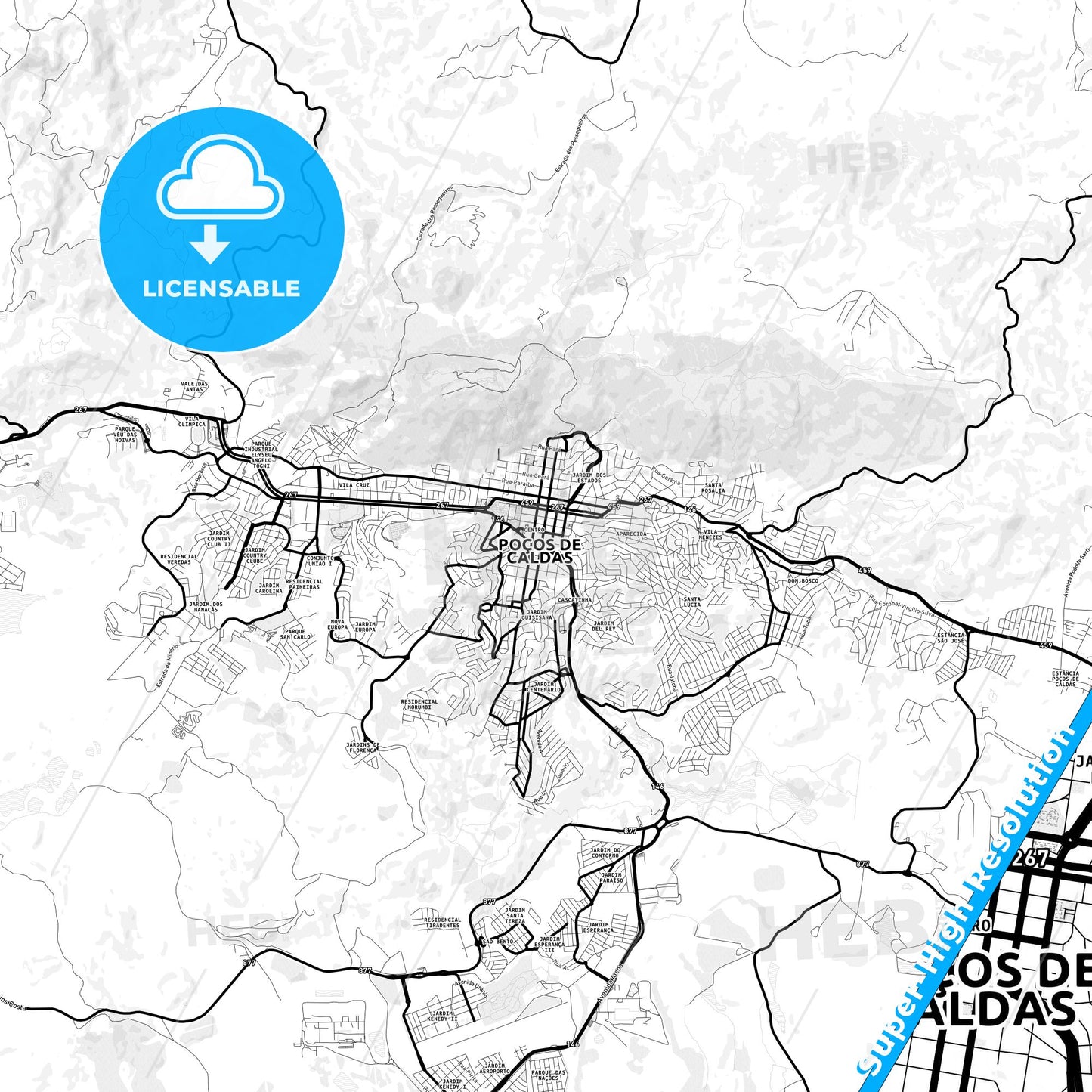 Pocos de Caldas, Brazil Light Map with Street Names, City Names, and Districts