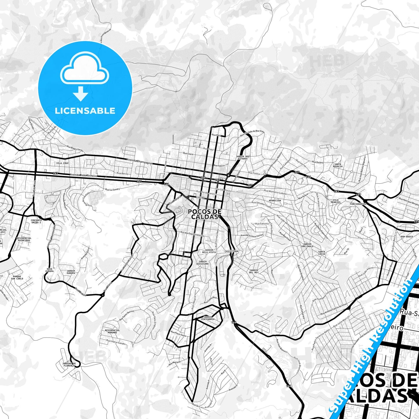 Pocos de Caldas, Brazil Light Map with Street Names, City Names, and Districts