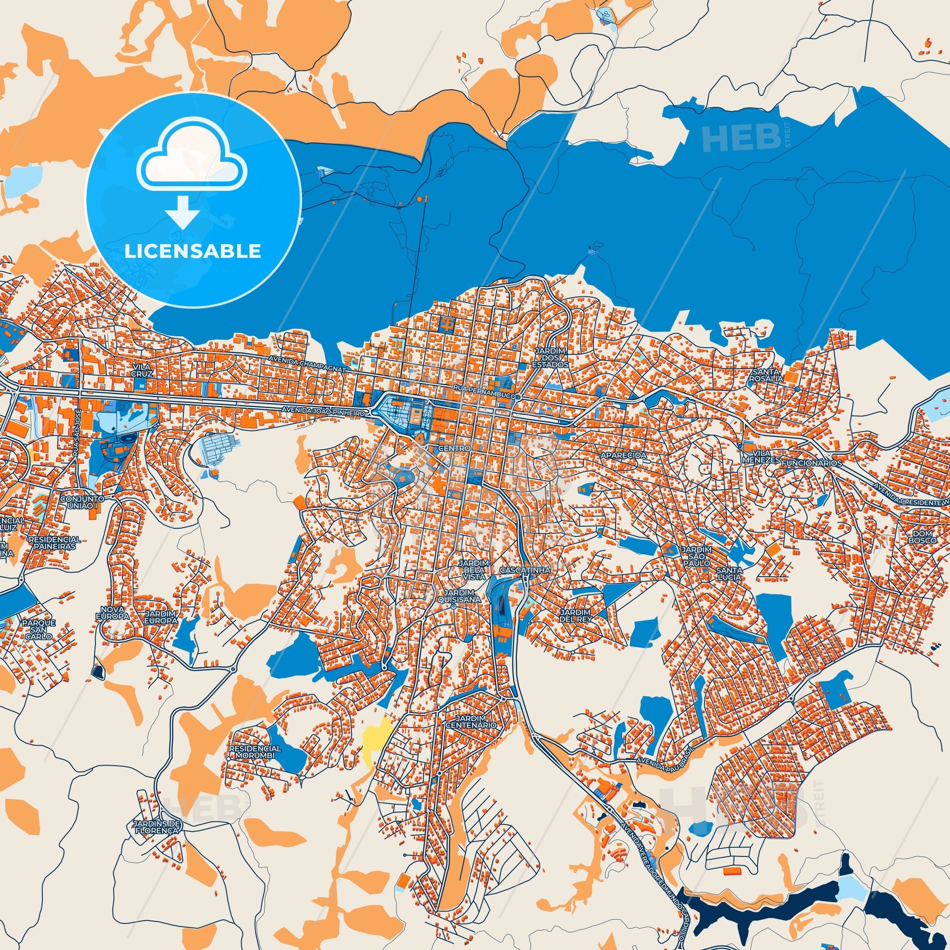 Colorful Pocos de Caldas Street Map with Labels and Buildings