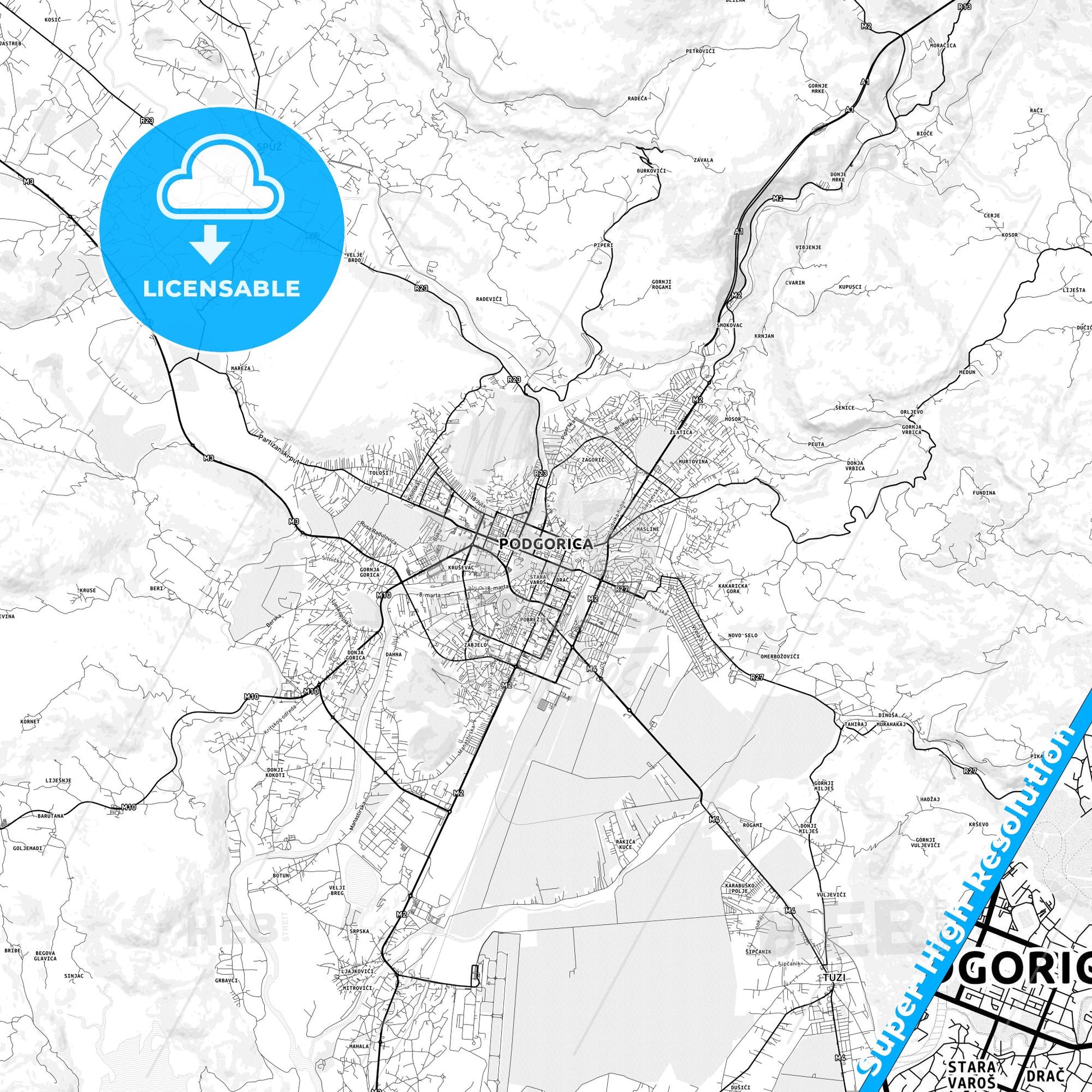 Podgorica, Montenegro light map with streetnames, citynames and districts