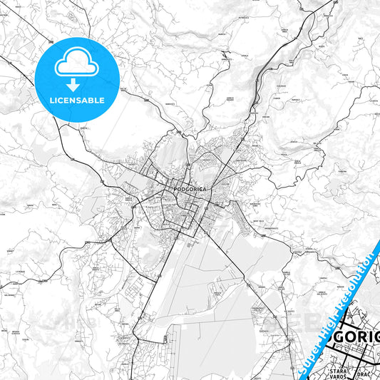 Podgorica, Montenegro light map with streetnames, citynames and districts