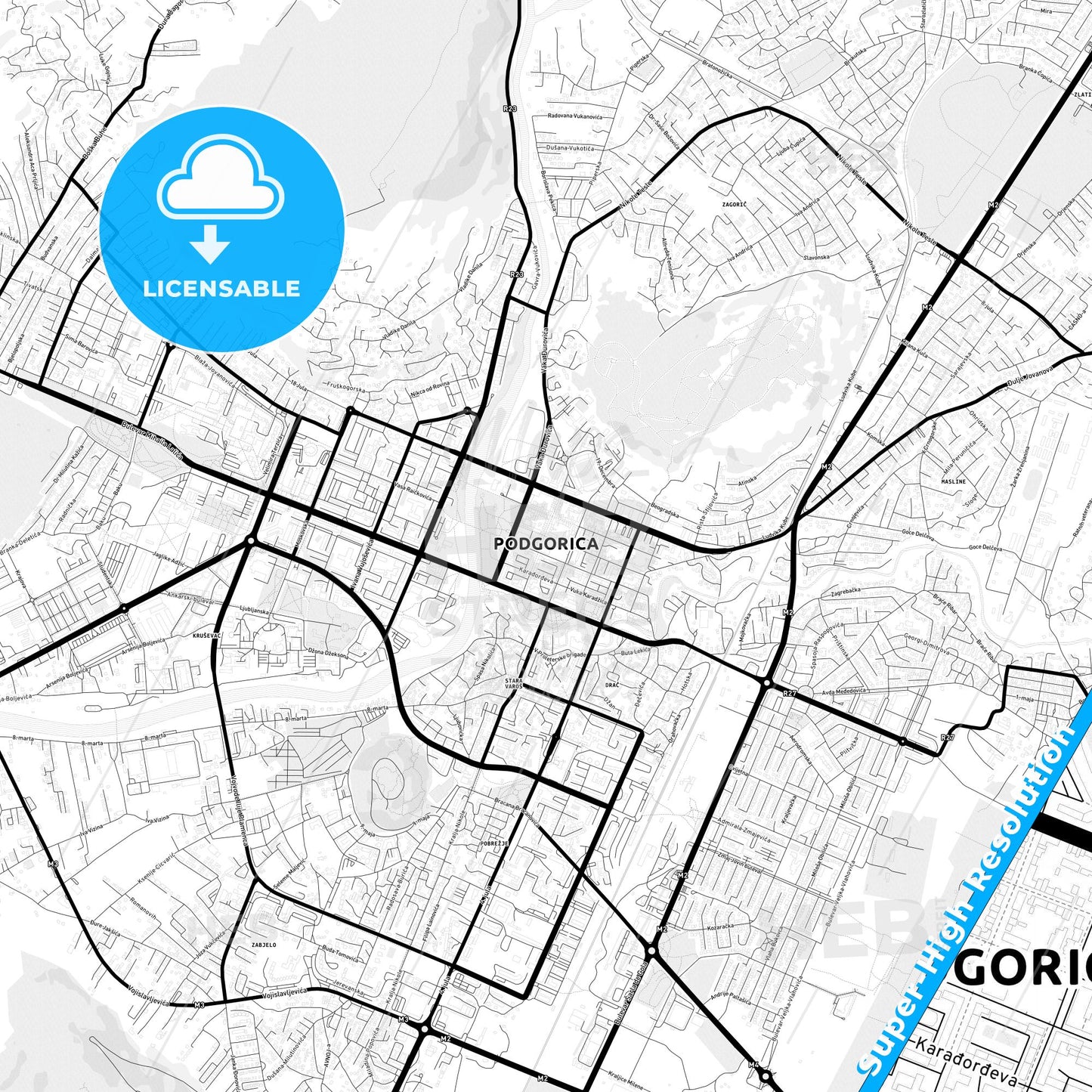 Podgorica, Montenegro Light Map with Street Names, City Names, and Districts