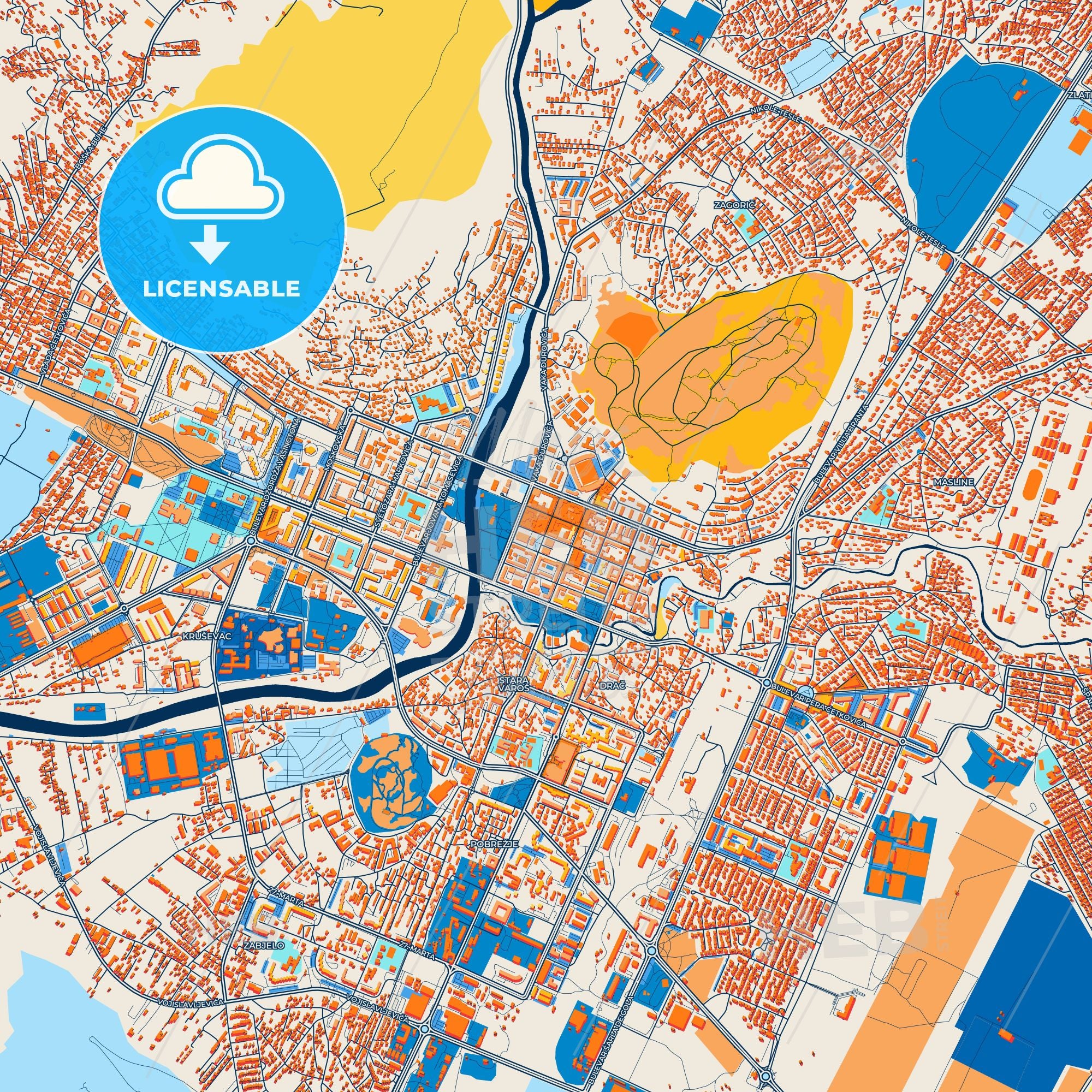 Colorful Podgorica Street Map With Labels And Buildings – HEBSTREITS