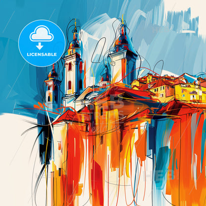 Vibrant Podgorica, Montenegro - A Painting Of A Building With Towers