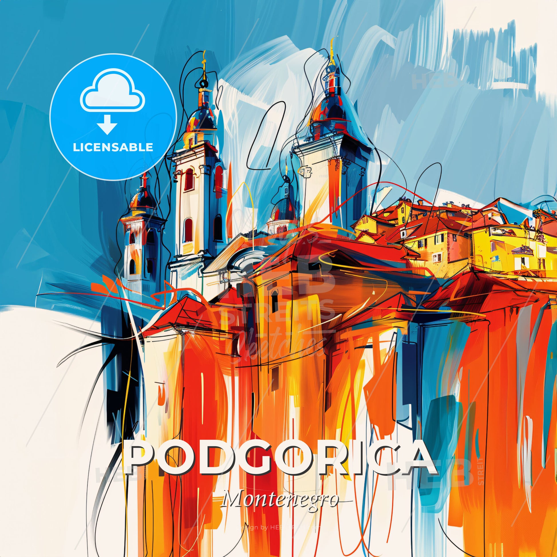 Vibrant Podgorica, Montenegro - A Painting Of A Building With Towers - Square format print template