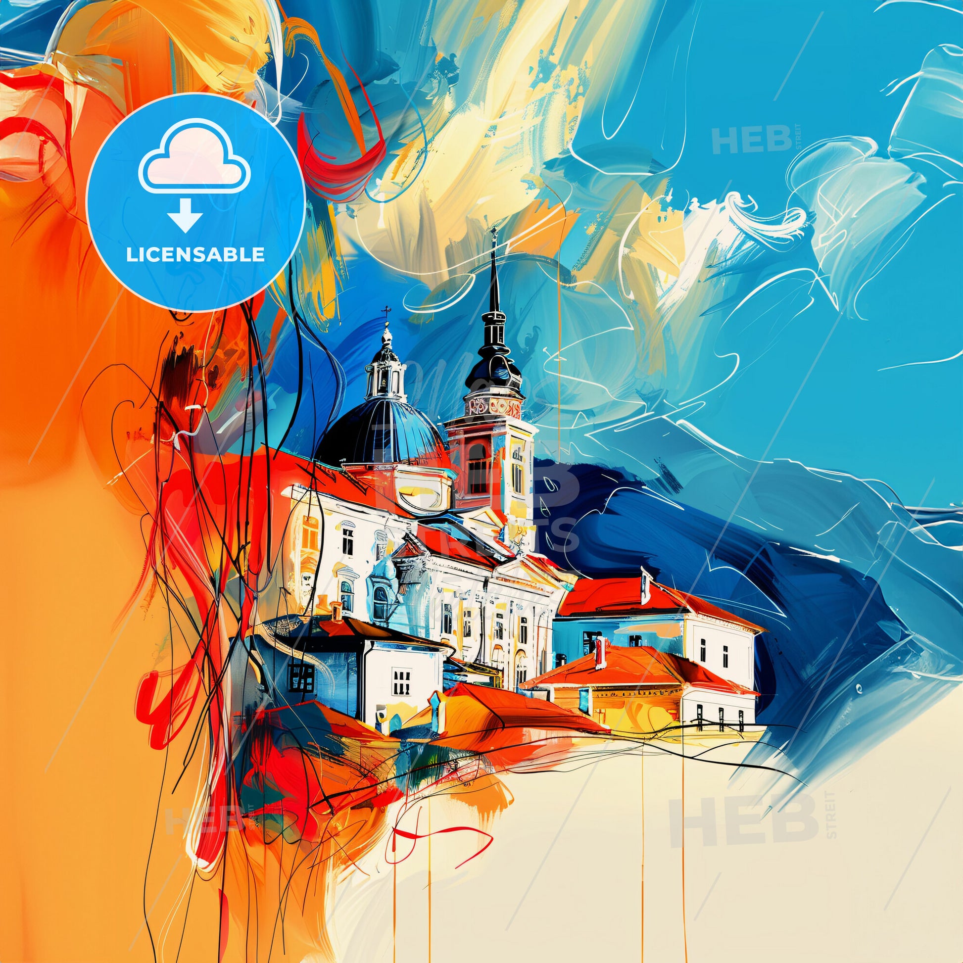 Vibrant Podgorica, Montenegro - A Painting Of A Building With A Dome And A Blue Sky