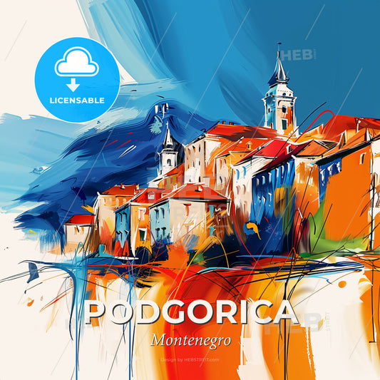 Vibrant Podgorica, Montenegro - A Painting Of A Town - Square format print template