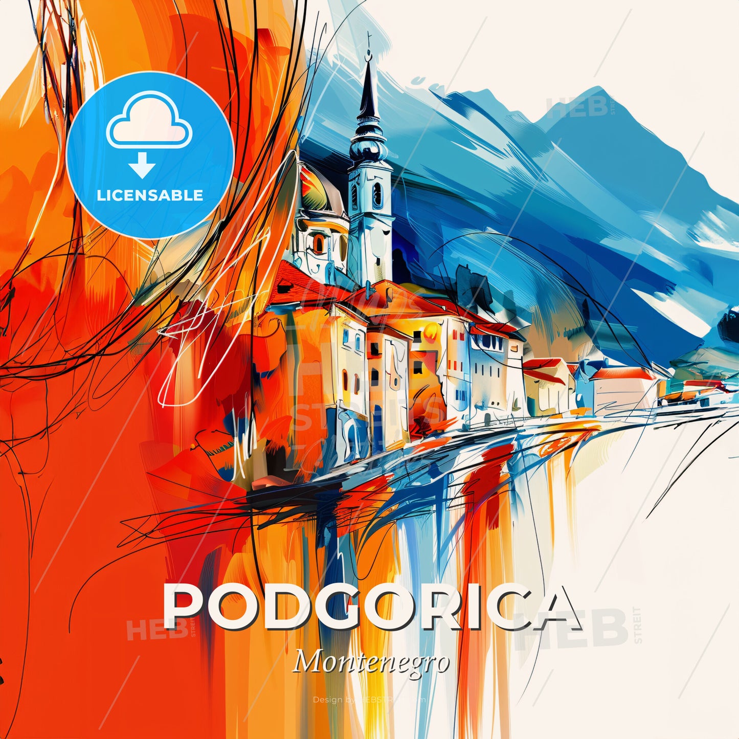 Vibrant Podgorica, Montenegro - A Painting Of A Town - Square format print template