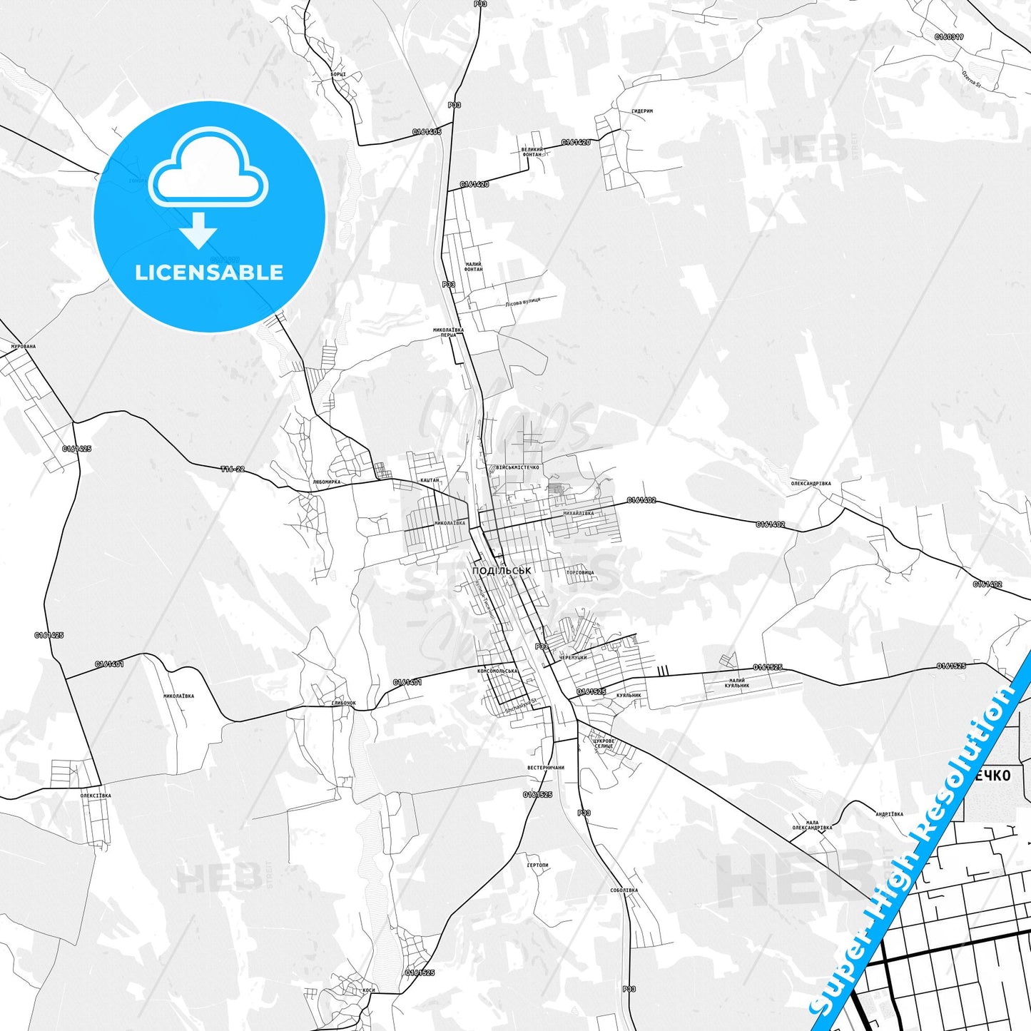 Podilsk, Ukraine light map with streetnames, citynames and districts