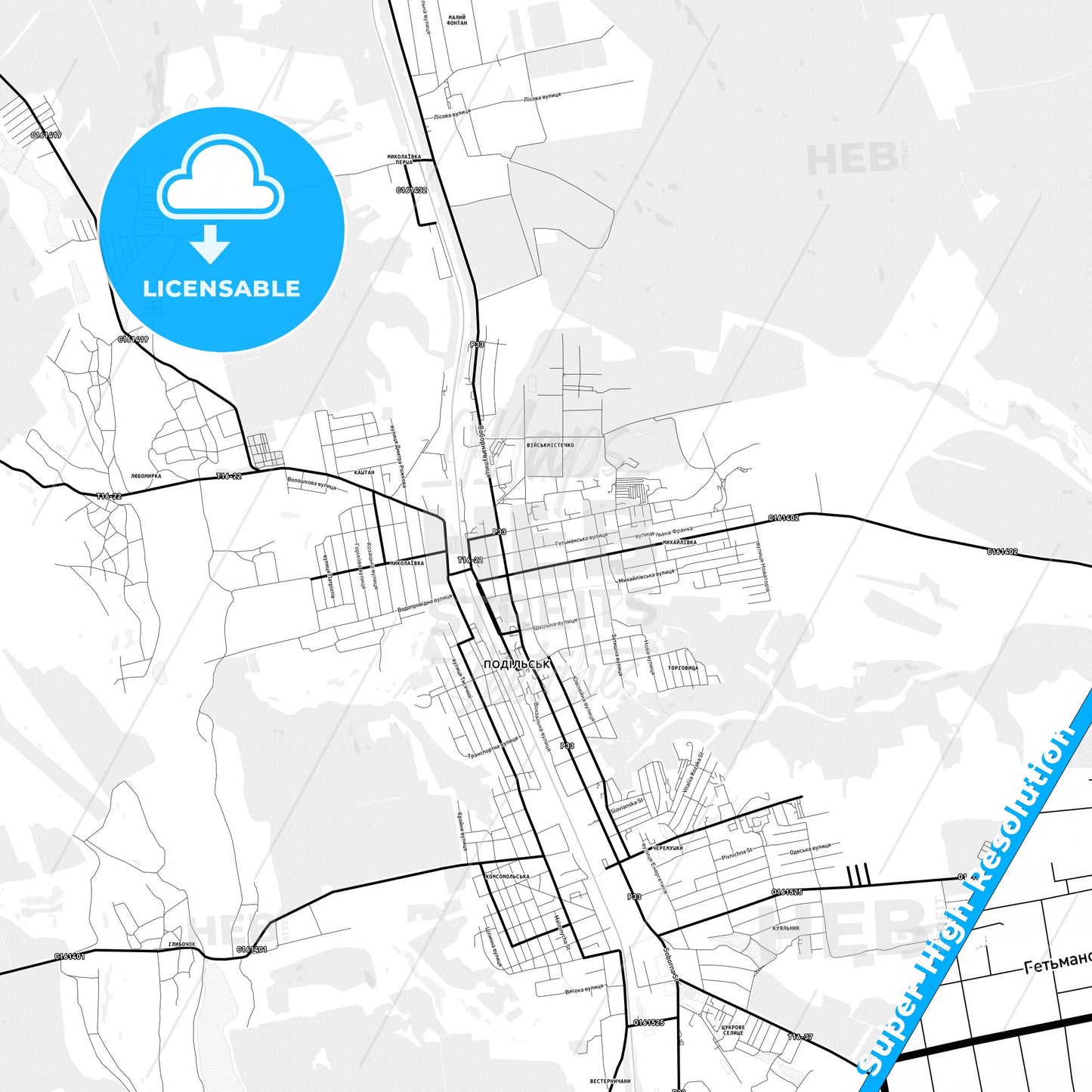 Podilsk, Ukraine Light Map with Street Names, City Names, and Districts