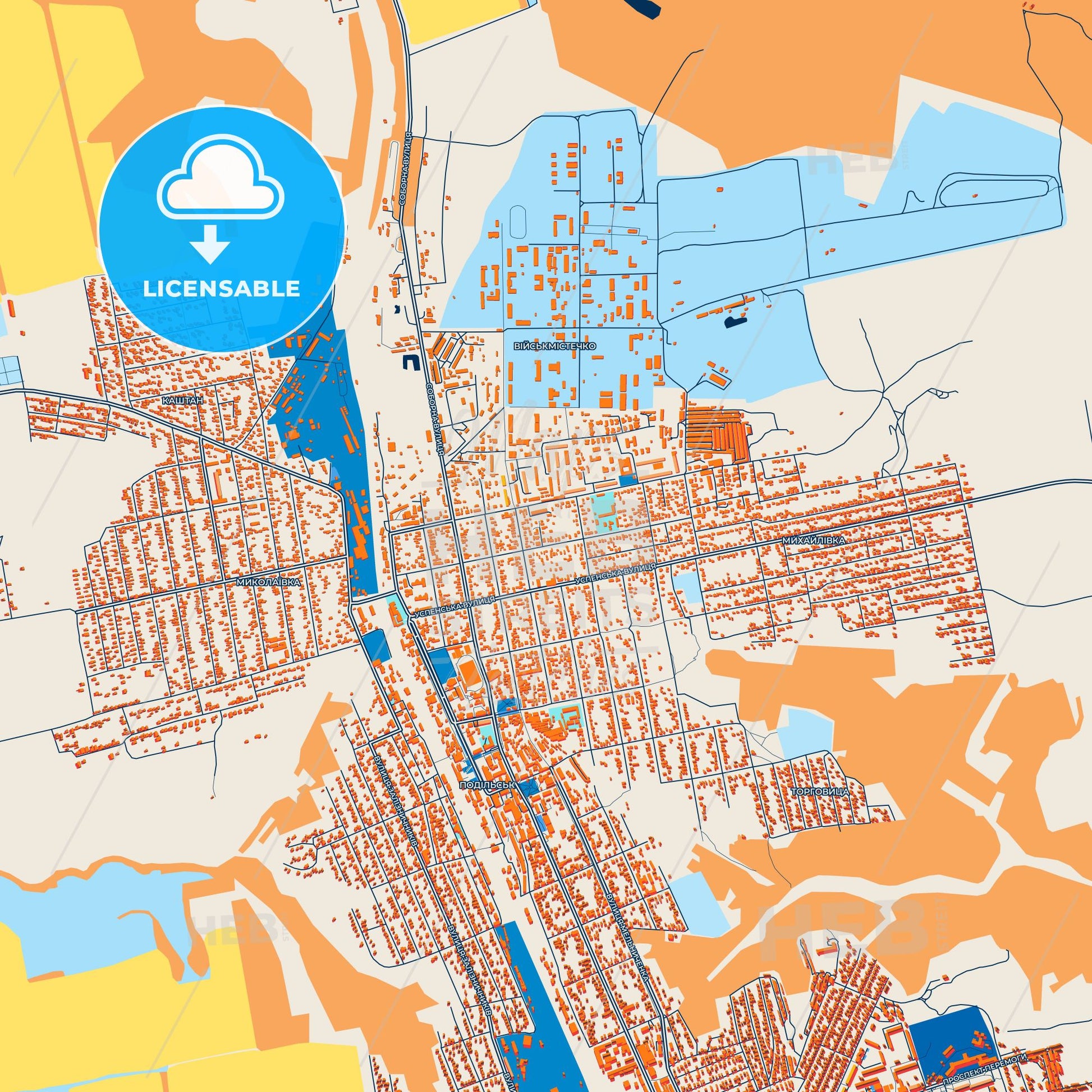 Colorful Podilsk Street Map with Labels and Buildings