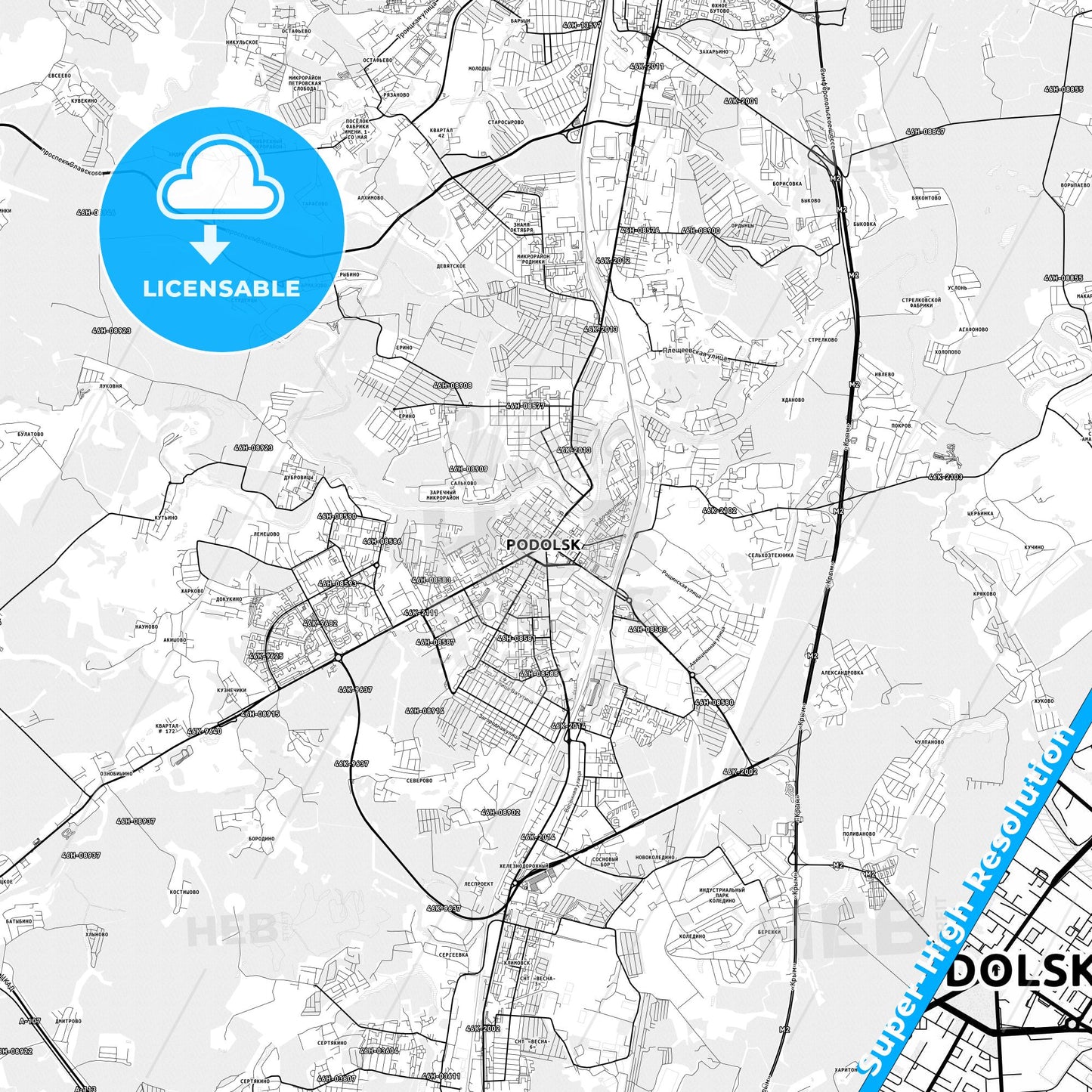 Podolsk, Russia light map with streetnames, citynames and districts