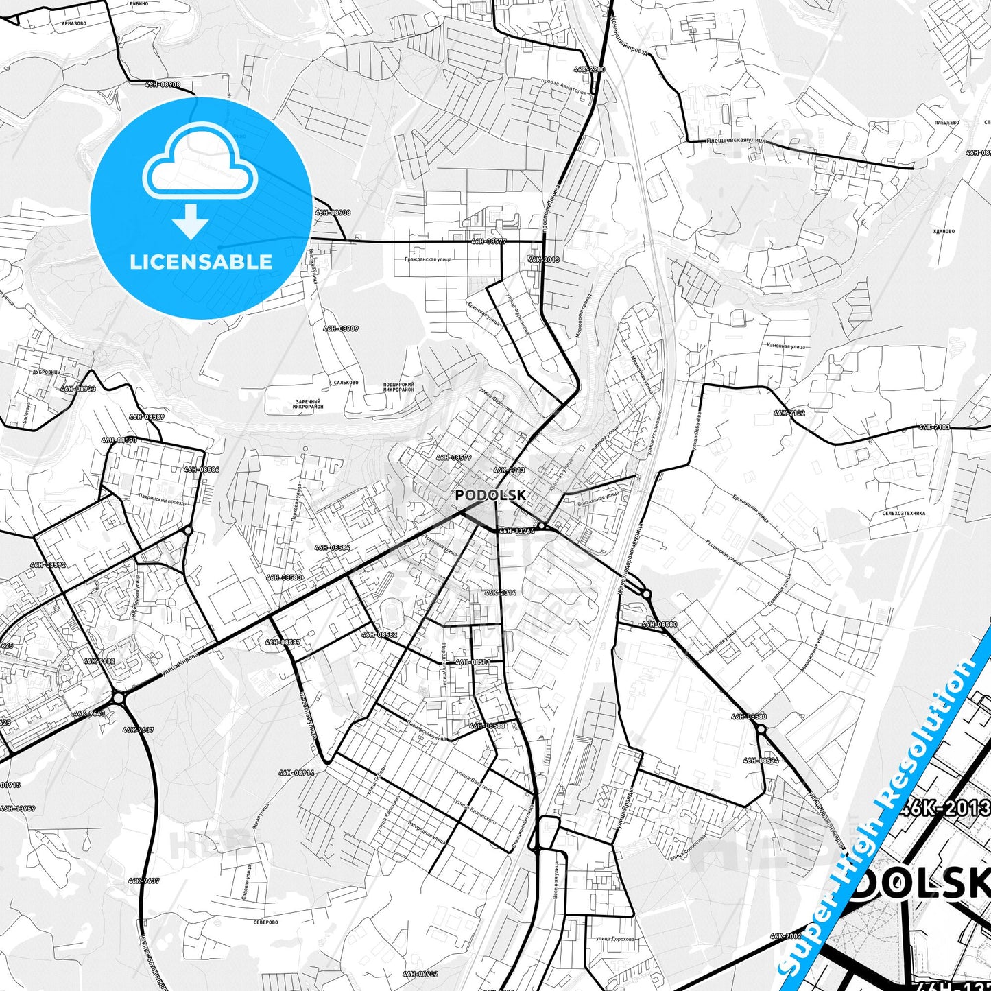 Podolsk, Russia Light Map with Street Names, City Names, and Districts
