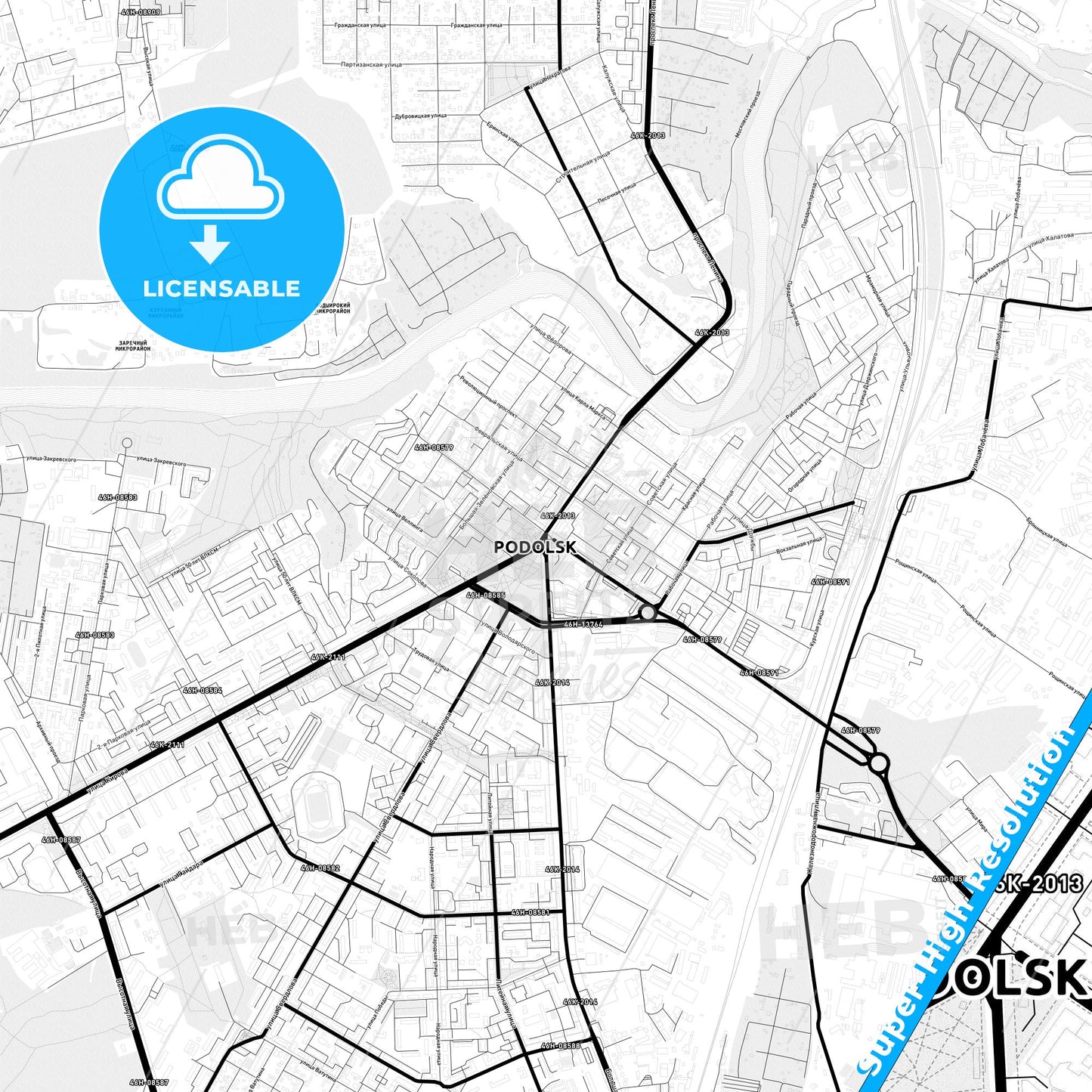 Podolsk, Russia Light Map with Street Names, City Names, and Districts