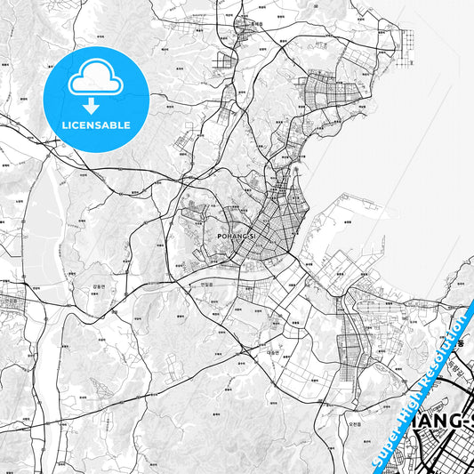 Pohang, South Korea light map with streetnames, citynames and districts